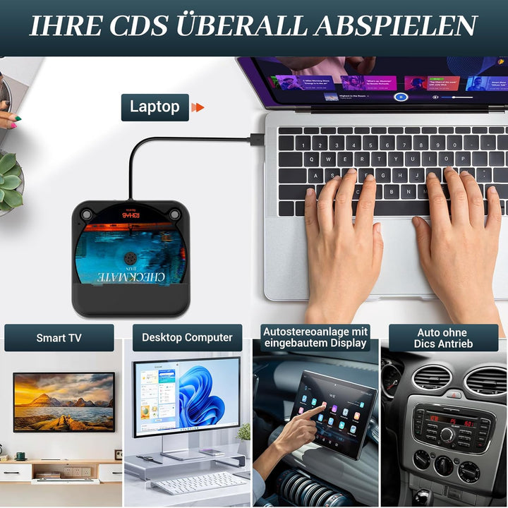 CD Player für Auto mit USB/AUX-Anschluss - Externer Universal Auto CD Player für PKW LKW, Extra USB-