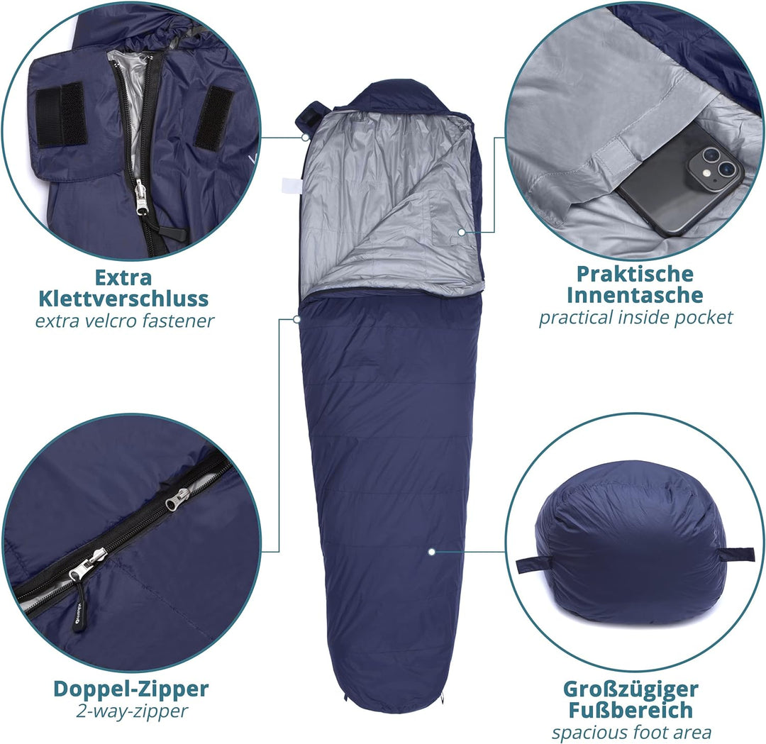 valuents Outdoor Daunenschlafsack 215cm– Ultraleicht und warm – Füllung: Entendaunen (190g) – down S
