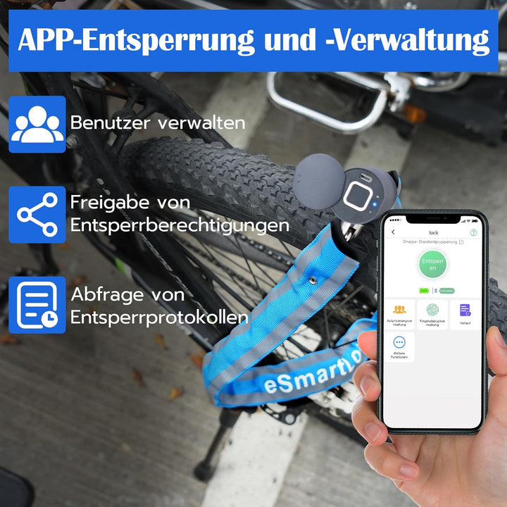 Anweller Fahrradschloss Fingerabdruck, Hohe Sicherheit Anti-Diebstahl Fahrrad Kettenschloss mit APP,