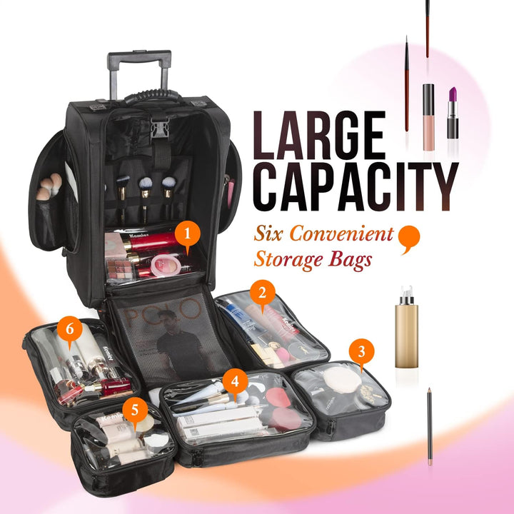 Kemier Make up Koffer, Weiche Zweiseitige Nylon Rollen Mobiler Kosmetik Organizer mit Tasche, Schwar