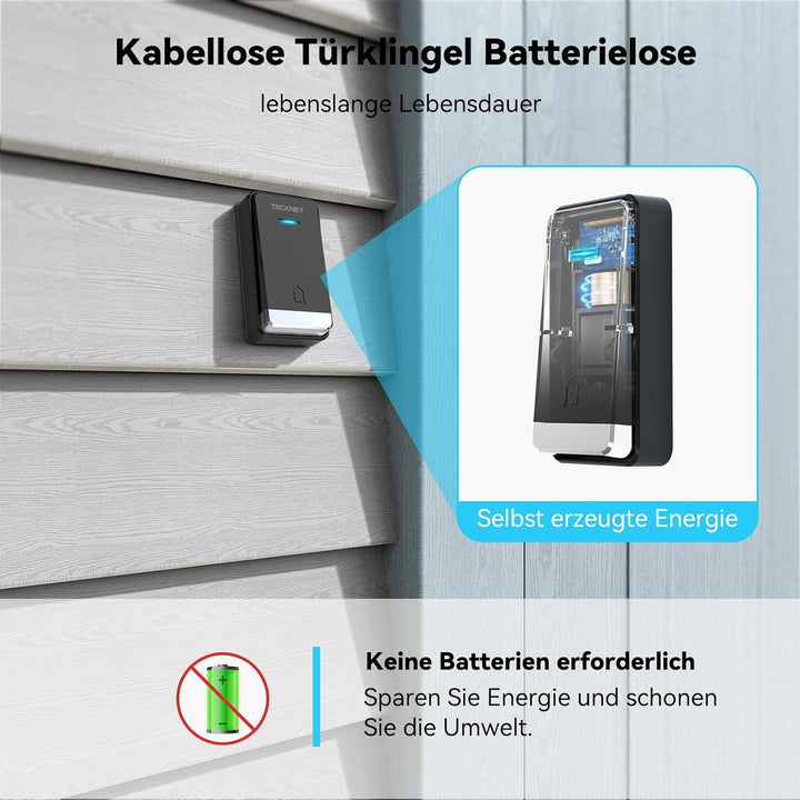 TECKNET Funkklingel Batterielose, Funkklingel mit Steckdose, Funk Türklingel mit 2 Sender, IP65 Funk