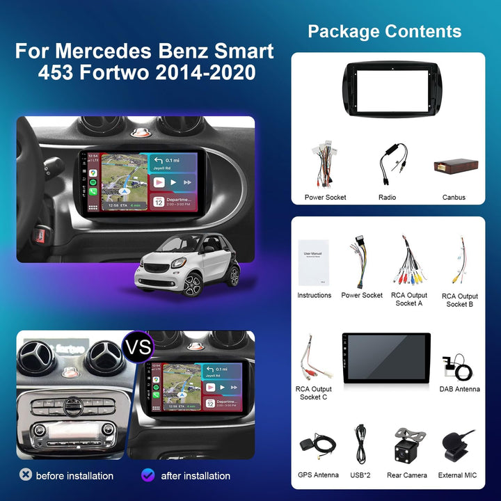 Eingebaut DAB - Android 15 IPS Autoradio für Benz Smart 453 Fortwo (2014-2020) - Kabellos Carplay/An