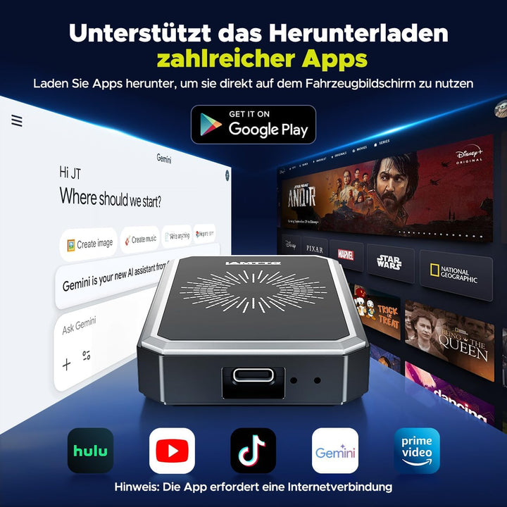 LAMTTO Wireless CarPlay Adapter AI Box mit Google Play App-Download & Gemini AI für CarPlay & Androi