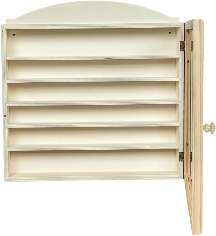 Vitrine hölzerne. Naturholz, zum Bemalen. Masse (Breite/Boden/Höhe): 40 * 6,5 * 40 cm.