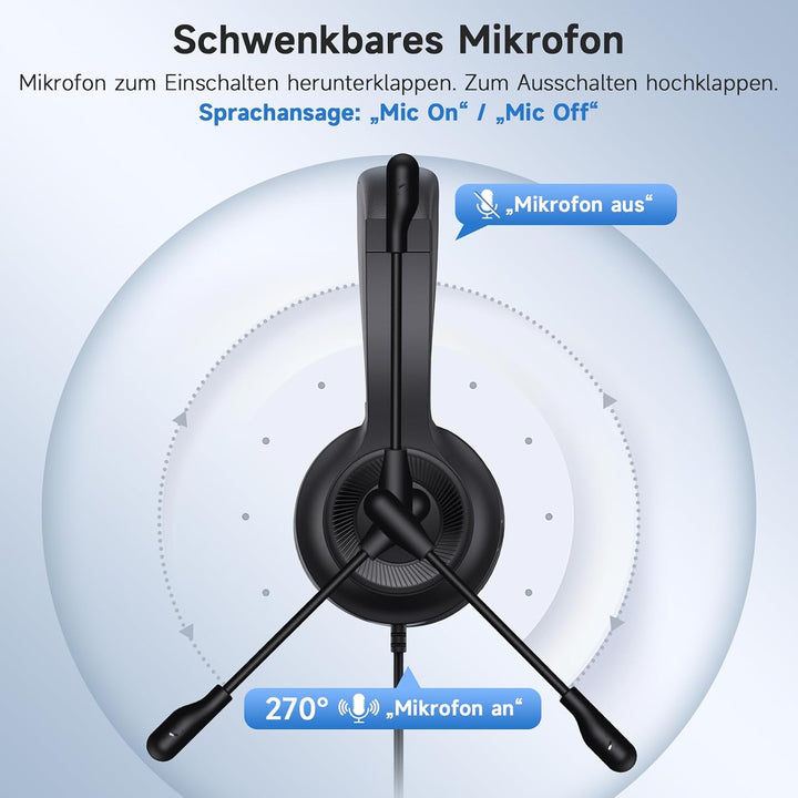 AOC Headset mit Mikrofon, Kabelgebundene On-Ear PC-Headsets mit Geräuschunterdrückung, 40mm Treiber,