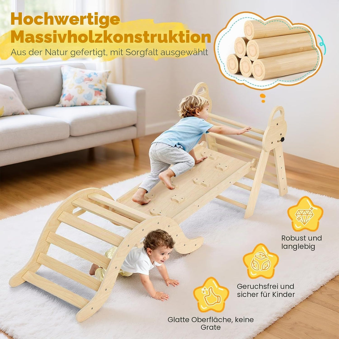 Klettergerüst Indoor,7-in-1 Montessori Indoor Spielset,Stabiles Birkenholz Klettergerüst mit Rutsche
