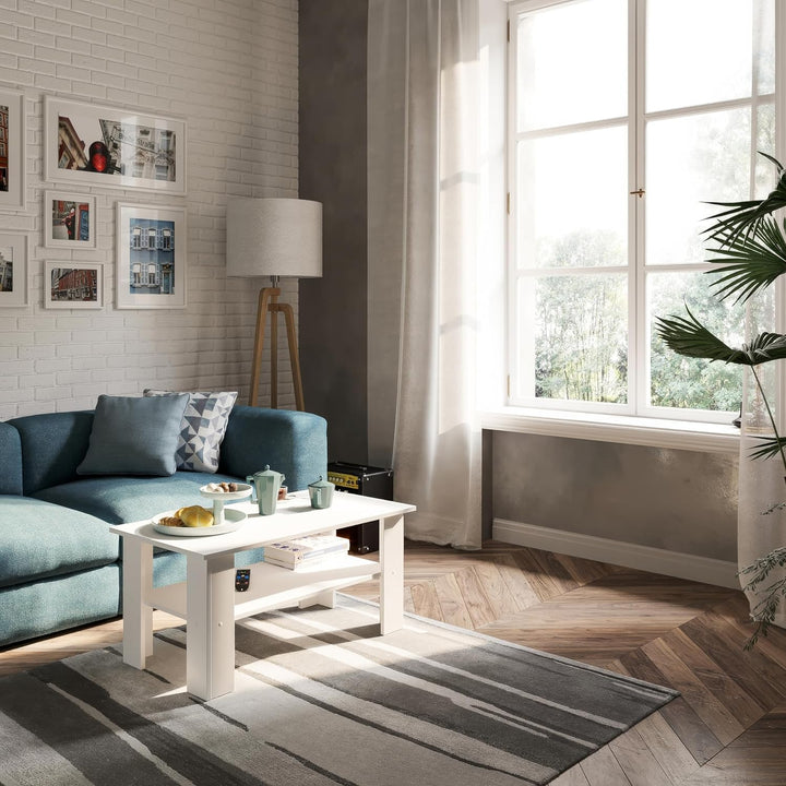 KOMTO Couchtisch Weiss Vienna - Wohnzimmertisch Modern Couchtisch Holz 90 x 50 x 43 cm Tisch Wohnzim