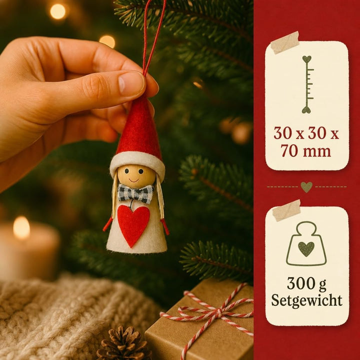 MIJOMA 12er Set Weihnachtswichtel – Handgemachter Baumschmuck aus Holz &amp; Stoff – Deko-Wichtel für Ta