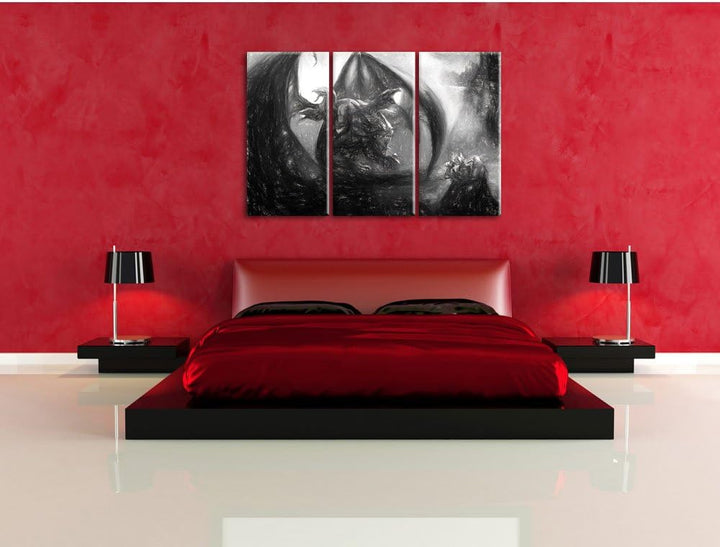 Pixxprint Drachen Schlangen / 3-Teilig/Gesamtmass 120cm Leinwandbild bespannt auf Holzrahmen/Wandbil