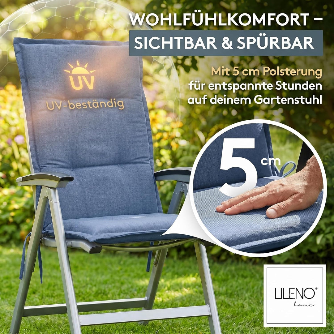LILENO HOME Gartenstuhl Auflagen als [2er Set - Hochlehner] in Jeans Neu - Bequeme Liegen als Sitzau