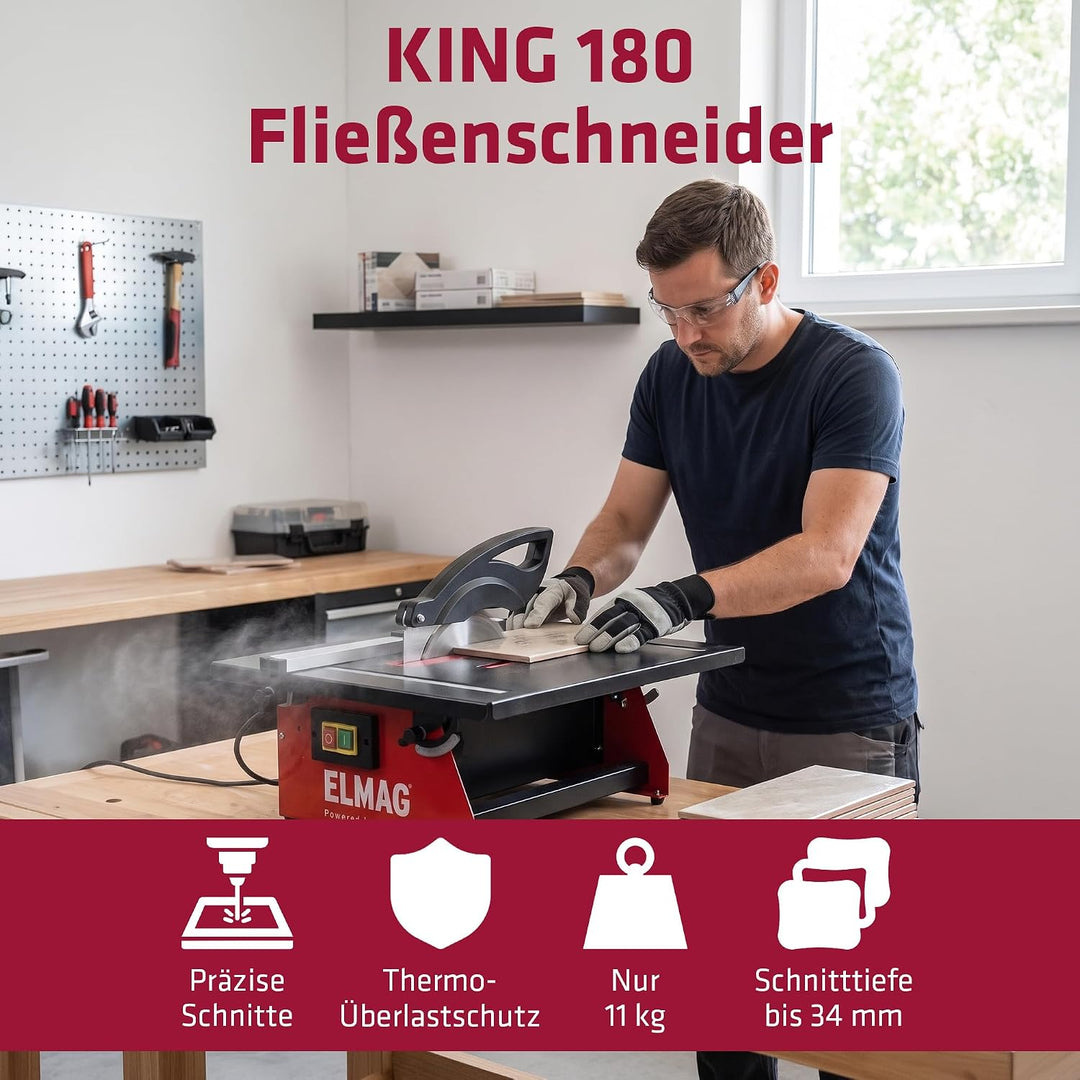 ELMAG Fliesenschneidmaschine KING 180 | Diamantscheibe Ø180 mm | 0–45° Gehrung | Nassschnitt | 0,6 k