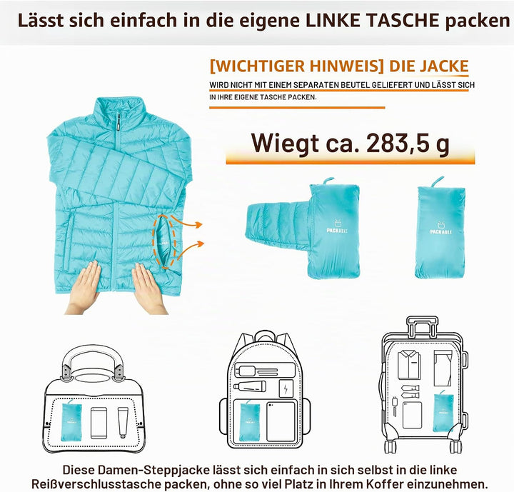 Outdoor Ventures Damen Steppjacke Leichte Warme Packbare Übergangsjacke Puffer Jacke für Frauen Gefü