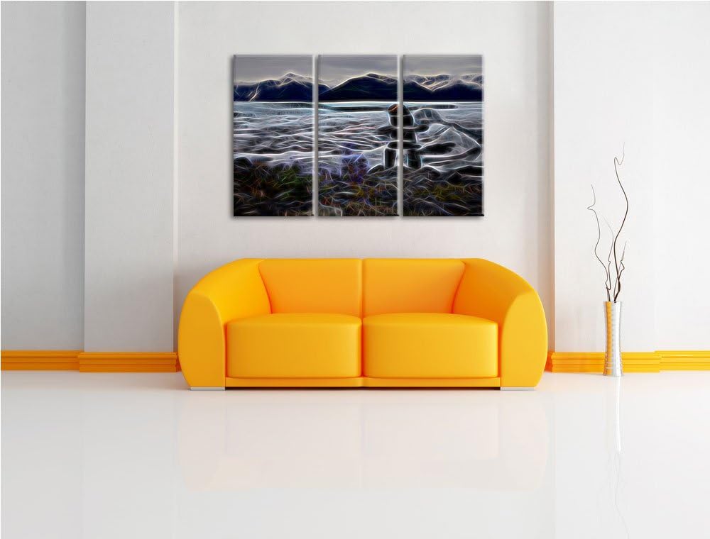 Steinmenschskulptur in winterlicher Landschaft NewArt 3-Teiler Leinwandbild 120x80 Bild auf Leinwand