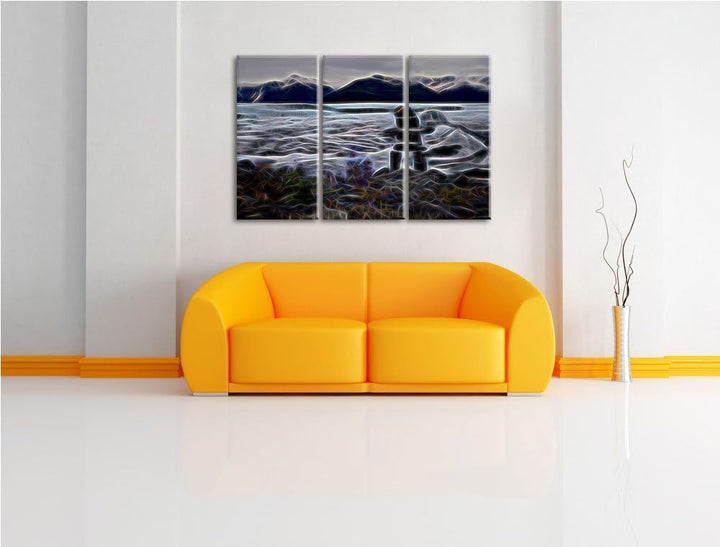 Steinmenschskulptur in winterlicher Landschaft NewArt 3-Teiler Leinwandbild 120x80 Bild auf Leinwand