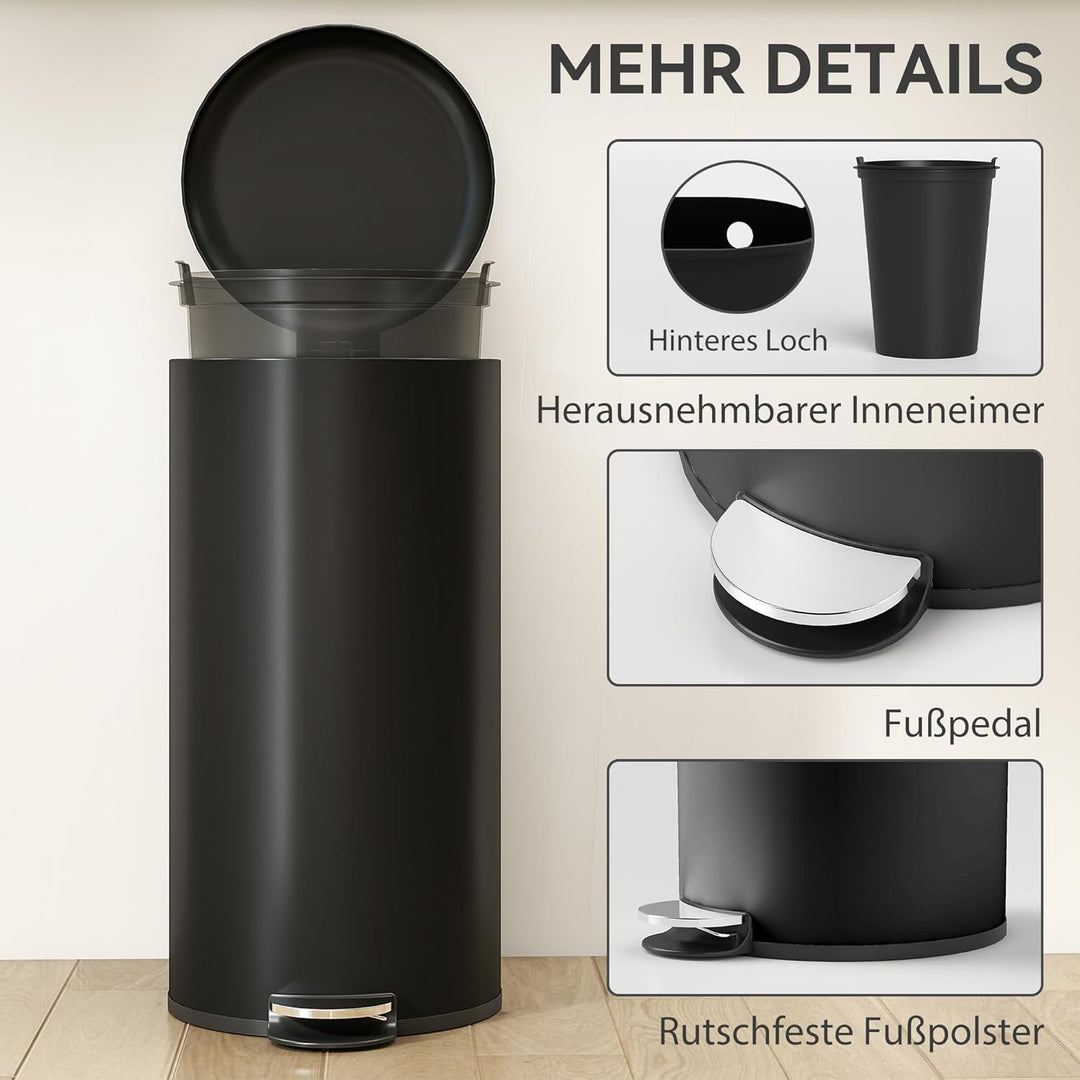 HOMCOM Mülleimer 30L Treteimer Abfalleimer mit Deckel und Fusspedal, Müllbehälter mit Inneneimer, So