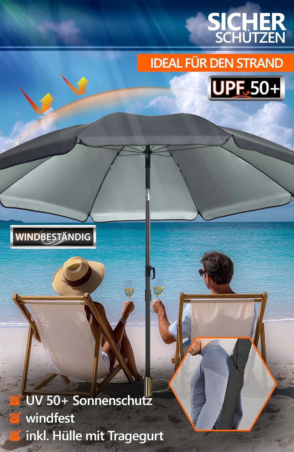 4smile Sonnenschirm Strand Ø 200 cm mit Rasendorn, 3-IN-1-SET, Anthrazit | Strandschirm windfest sta