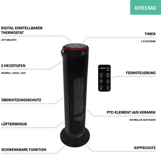 VONROC Elektroheizung - Turmheizlüfter - 2000W - Keramik - ECO-Modus - Schwenkfunktion - LED-Display
