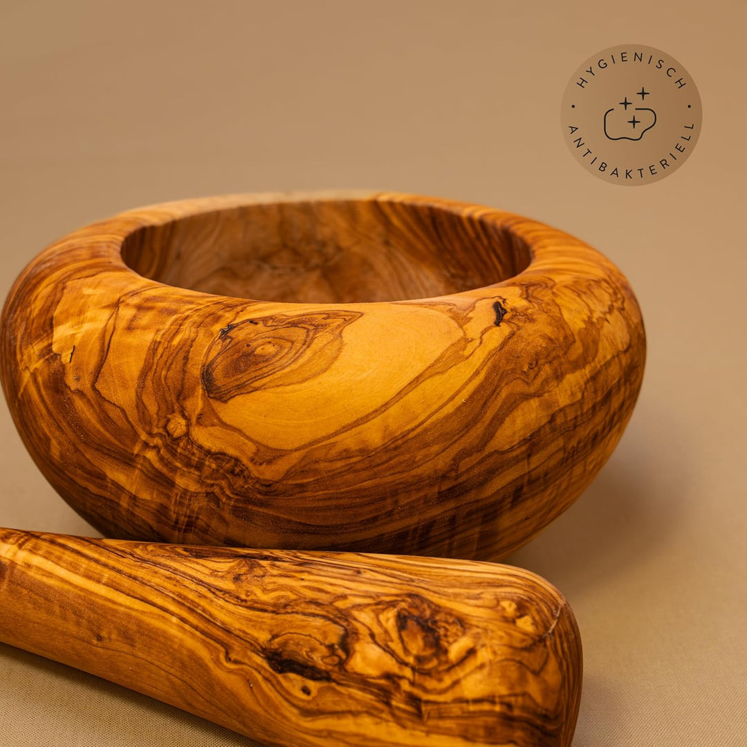 das Olivenholzbrett® Mörser und Stössel aus Olivenholz, Holzmörser rund ca.16cm, 16cm