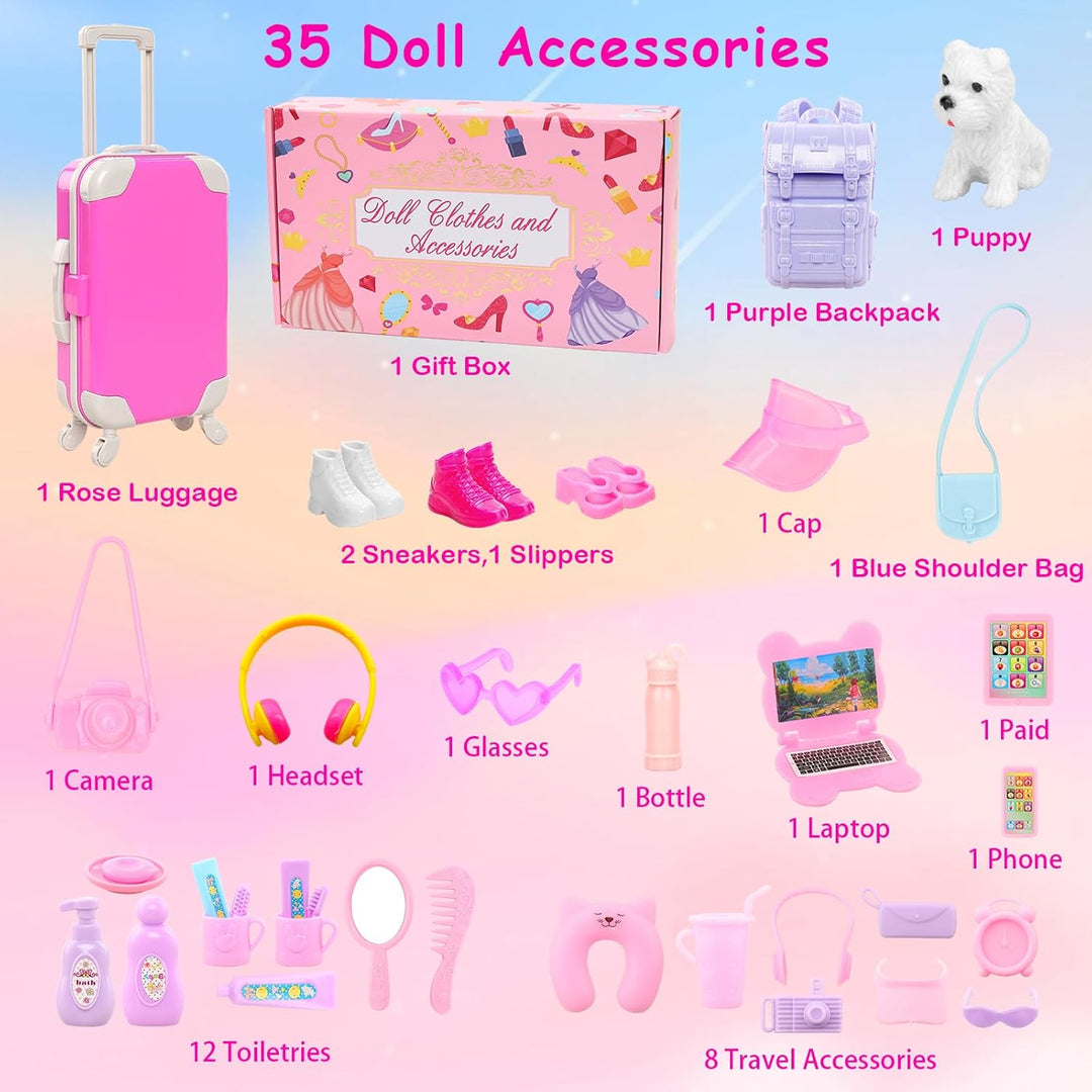 Miunana 40 PCS Spielzeugset Für Reiseaccessoires Einer Puppe Inklusive Reisegepäckkoffer 5 Kleidungs