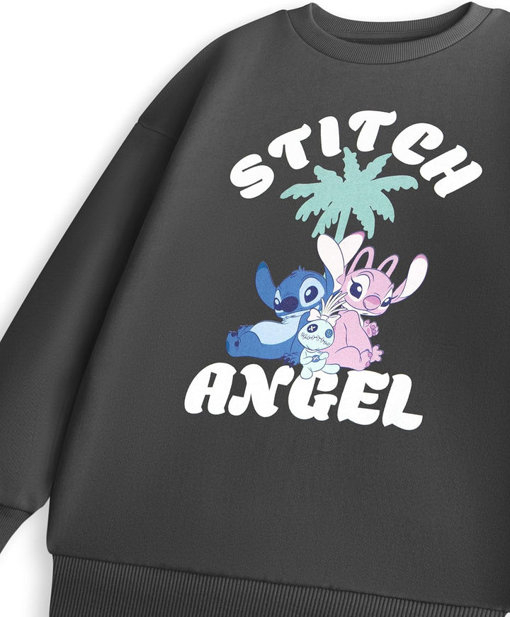 Disney Stitch & Angel Mädchen-Sweatshirt in Grau | Lilo & Stitch Langarm-Oberteil mit Rundhalsaussch