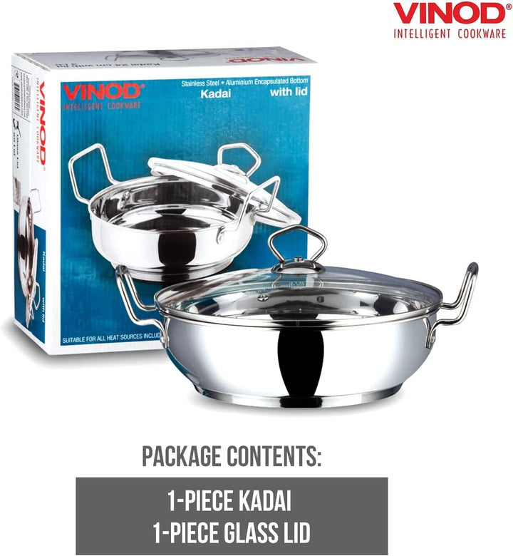 Vinod Kadai Schmorpfanne mit Edelstahl, Glas-Deckel, Premium Qualität Kochtopf gross, Fleischtopf, W