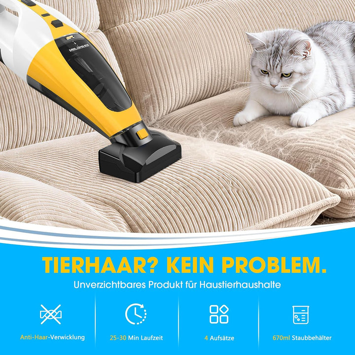 Kabelloser Tierhaar Handstaubsauger mit Doppelmotor, HEPA Filter | Anti-Haar-Verwicklung Bürstenroll