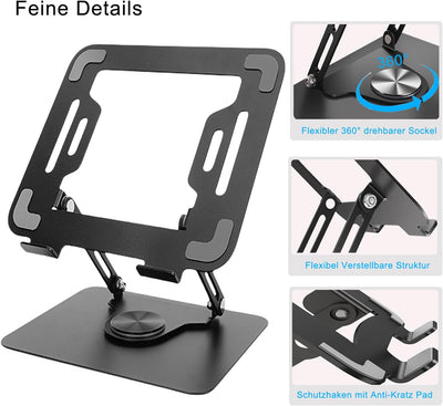 Laptop Stand with 360° Rotating Base, Height-Adjustable Laptop Stand, Ergonomic Foldable Notebook St