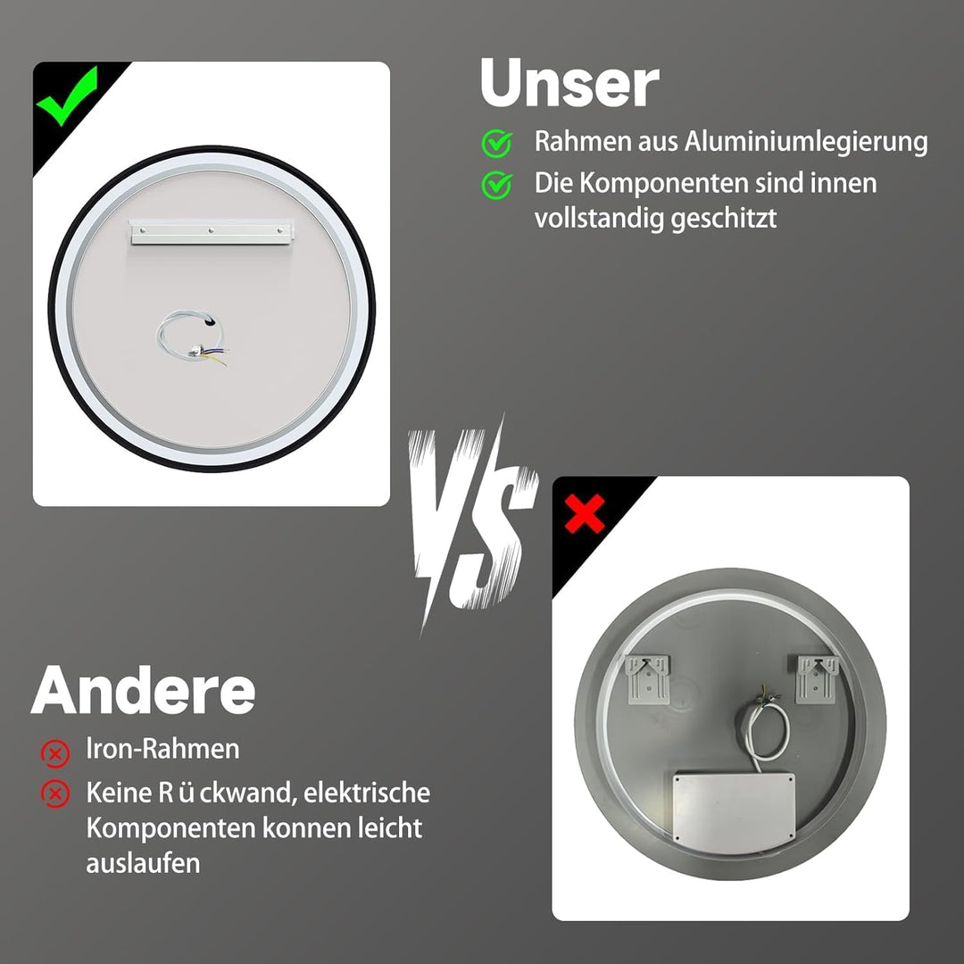 Runder Badspiegel mit Beleuchtung, 3 Lichtfarben, Dimmbar, LED Badspiegel Schwarz 60cm mit Touch-Sch