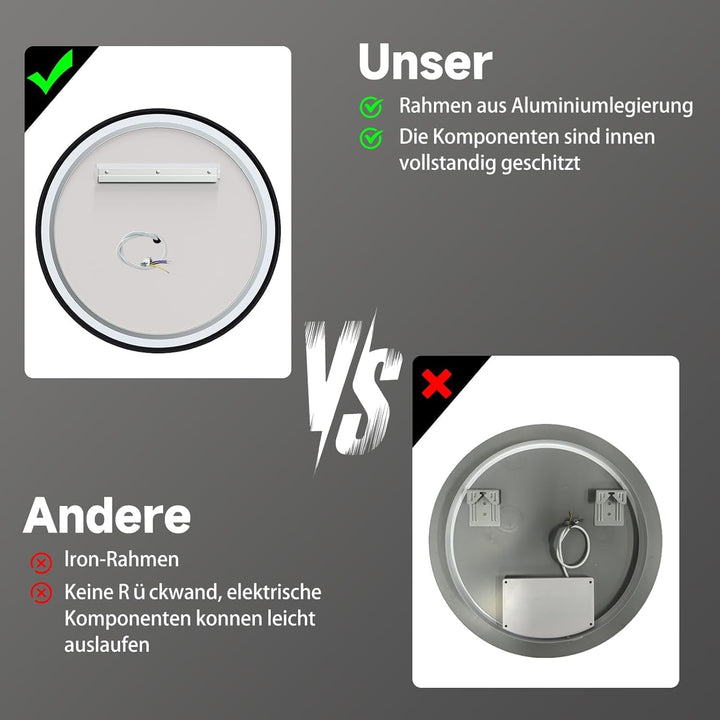 Runder Badspiegel mit Beleuchtung, 3 Lichtfarben, Dimmbar, LED Badspiegel Schwarz 60cm mit Touch-Sch