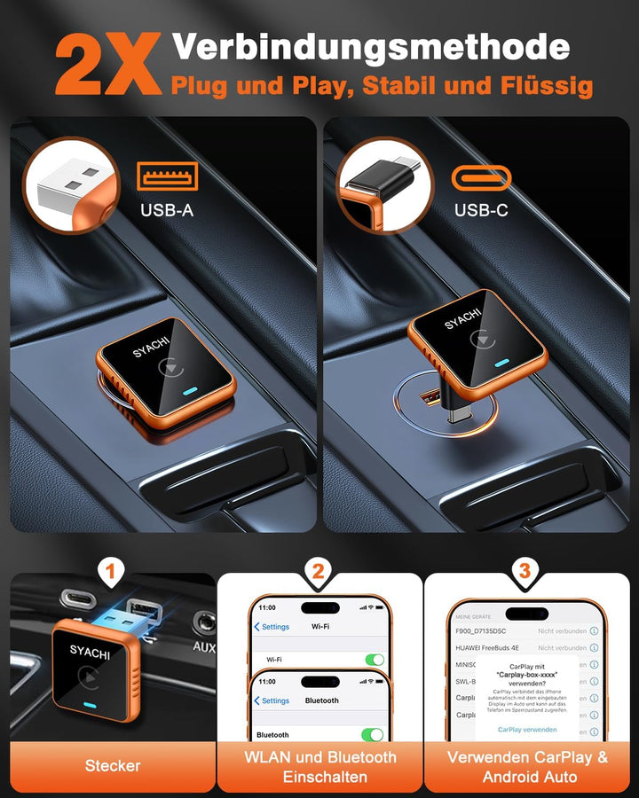 SYACHI 2-in-1 Wireless CarPlay & Android Auto Adapter, Kabelloser Carplay Adapter für iPhone und And
