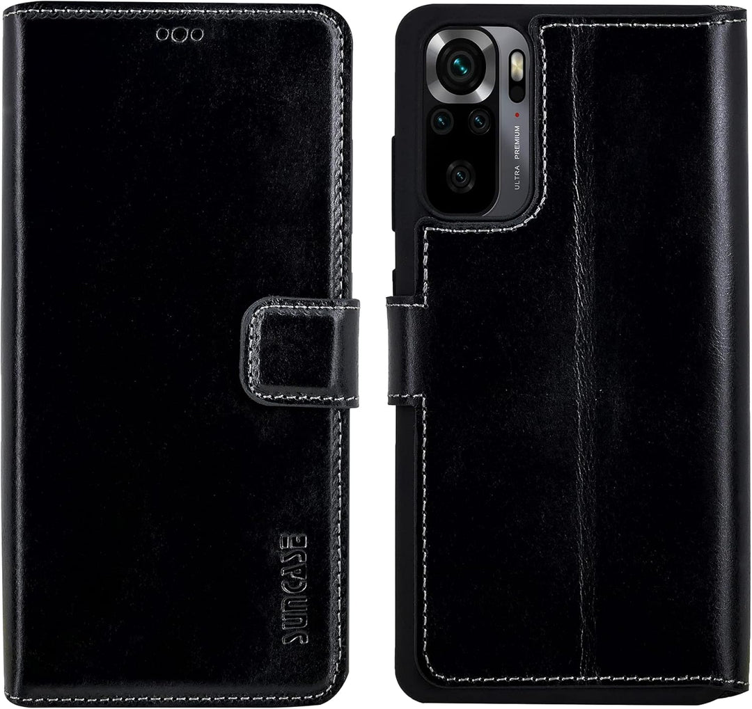 Suncase Book-Style Hülle kompatibel mit Xiaomi Redmi Note 10 Leder Tasche (Slim-Fit) Lederhülle Hand
