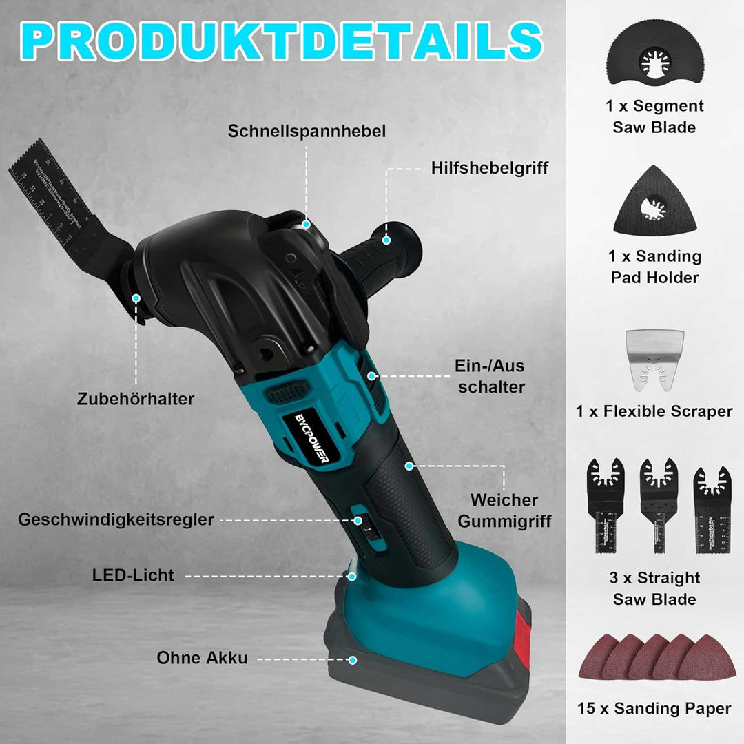 Akku-Multifunktionswerkzeug mit 1pcs 2.0Ah Akkus, 24 Zubehör Oszillationswerkzeug Satz für Makita 18