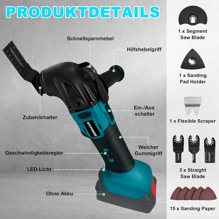 Akku-Multifunktionswerkzeug mit 1pcs 2.0Ah Akkus, 24 Zubehör Oszillationswerkzeug Satz für Makita 18
