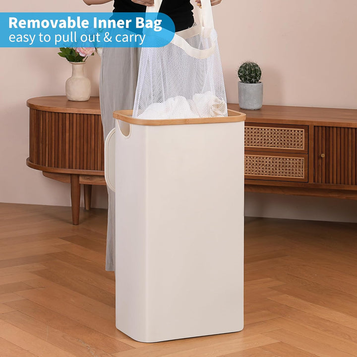 efluky Wäschekorb Schmal 63L, Schlanker Wäschekorb mit Deckel, Beige Faltbare Wäschebehälter mit Bam