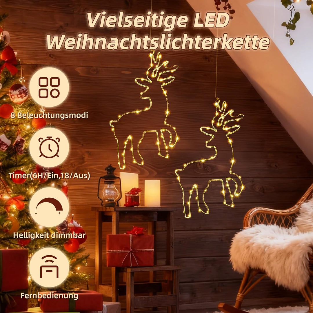120 LED (2 Stück) Weihnachtsbeleuchtung Fenster, 8 Modi Batteriebetriebene Rentier Fensterbeleuchtun