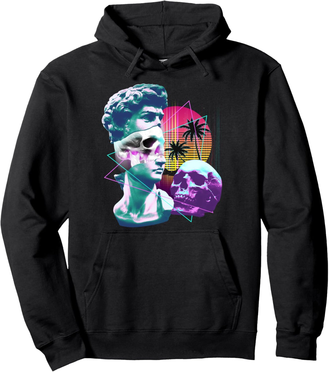 Vaporwave David Büste Statue mit Totenköpfen und Palmen Kunst Pullover Hoodie