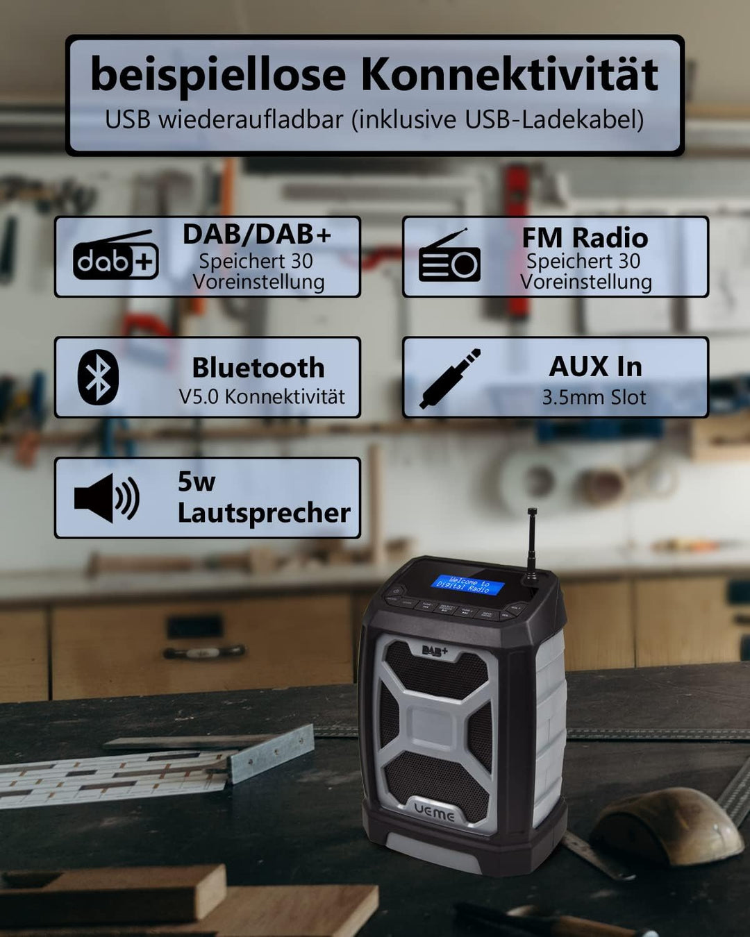 Baustellenradio DAB Mit Akku Aufladbar (6000mAh), DAB+, FM Radio, Bluetooth 5.0, Dual Radiowecker, A