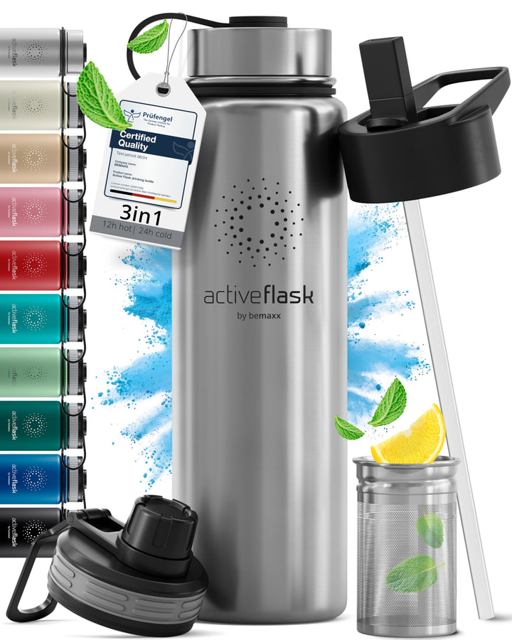 Trinkflasche Edelstahl ACTIVE FLASK + Strohhalm (3 Deckel) BPA-frei, Auslaufsicher, Kohlensäure geei