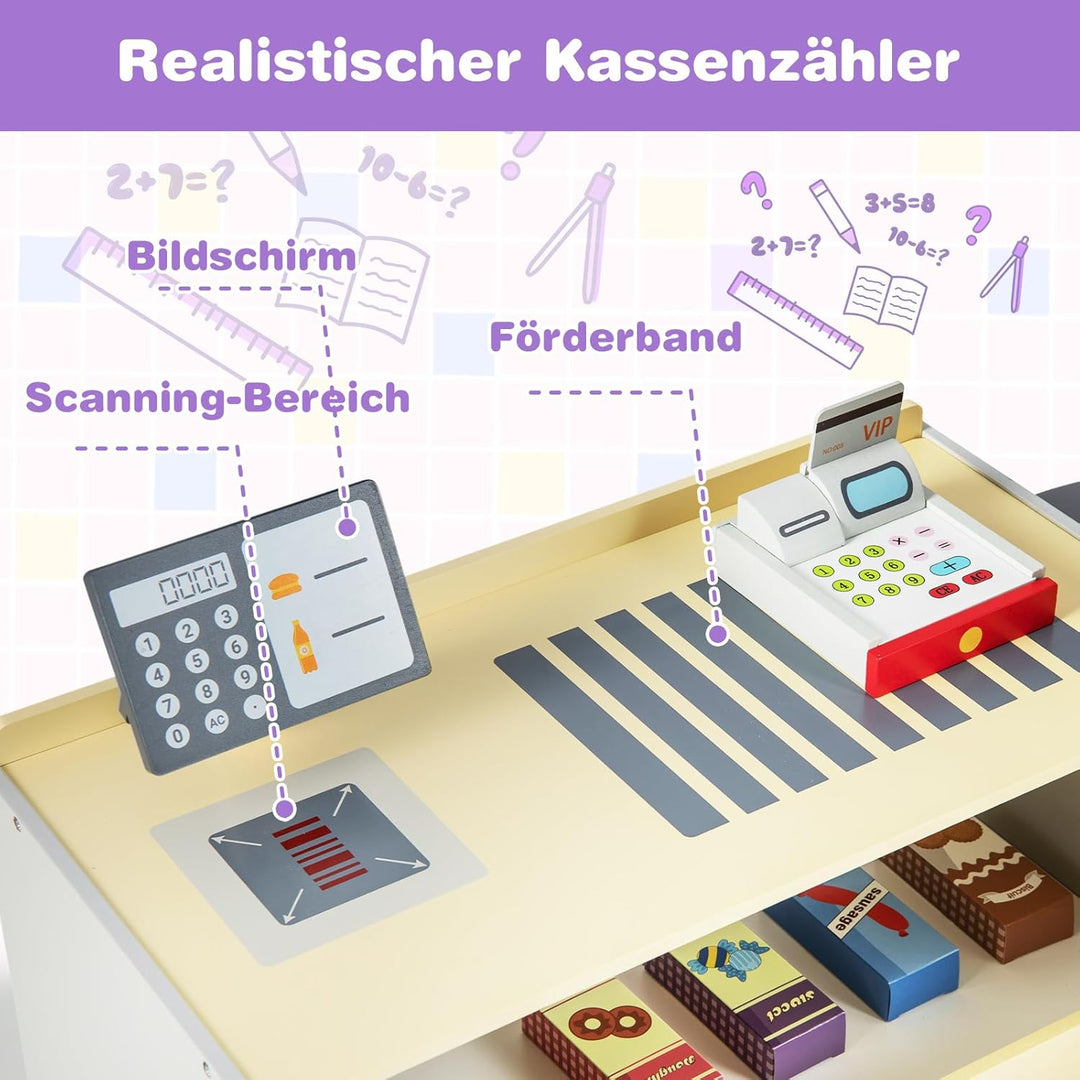 GOPLUS Kinder Kaufladen, Supermarkt aus Holz, Kaufmannsladen mit mit Kasse, POS-Automat & Verkaufsau