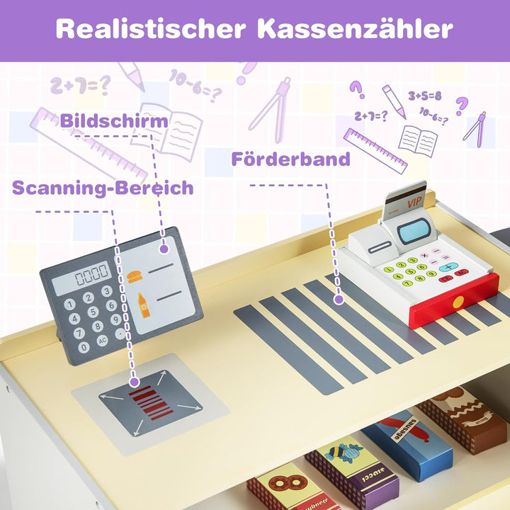 GOPLUS Kinder Kaufladen, Supermarkt aus Holz, Kaufmannsladen mit mit Kasse, POS-Automat & Verkaufsau