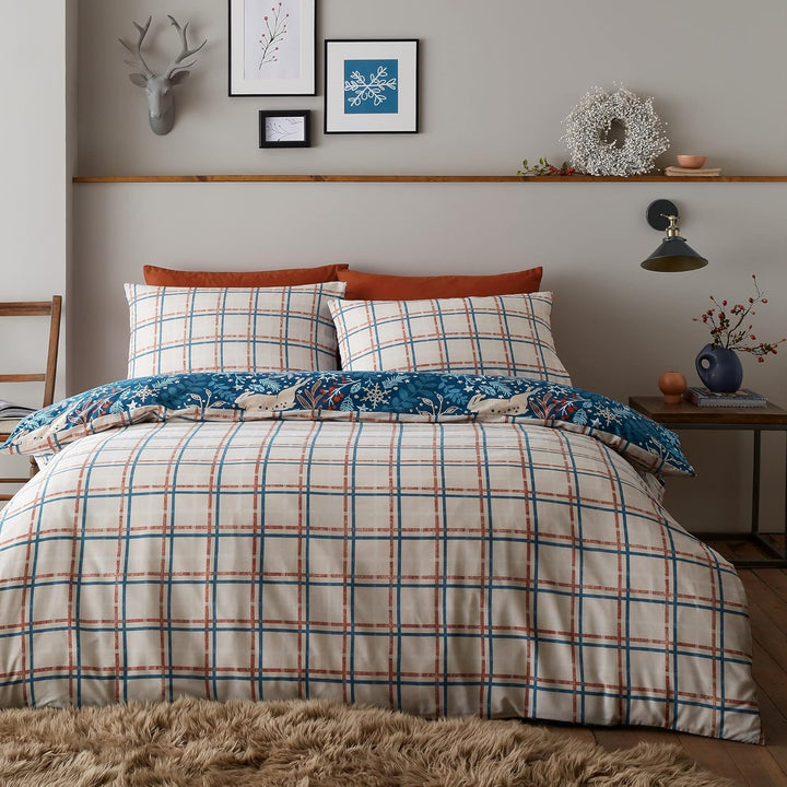 Happy Linen Company Bettwäsche - winterliches Design mit Hirsch-Motiven - wendbar - Blau - Bettwäsch