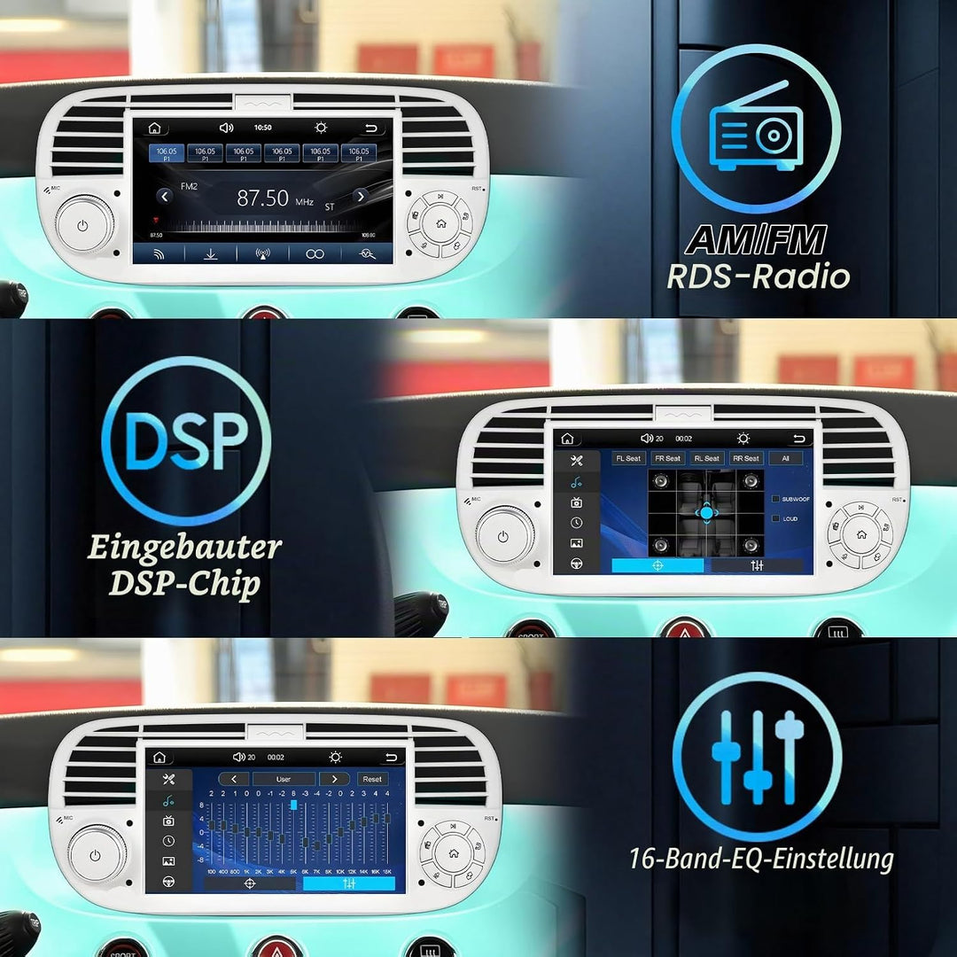 Autoradio mit Bildschirm für FIAT 500 (2007-2015) | Integriertes drahtloses CarPlay &amp; Android Auto |