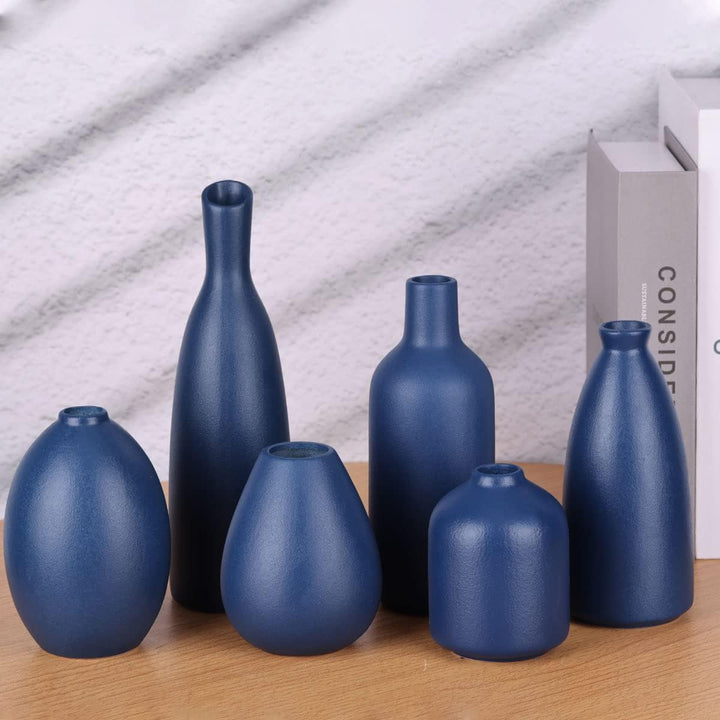 Blaue Keramik Knospen Vasen Set von 6, Bauernhaus Dekor, Kamindekor, Kaminsims & Regal Dekor, Heimde