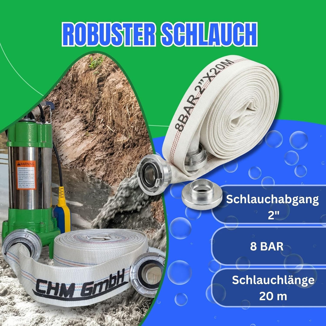 CHM GmbH® Profi Fäkalienpumpe Schmutzwasserpumpe V1100 inkl. 20 Meter 2" C-Schlauch Profi Fäkalienpu
