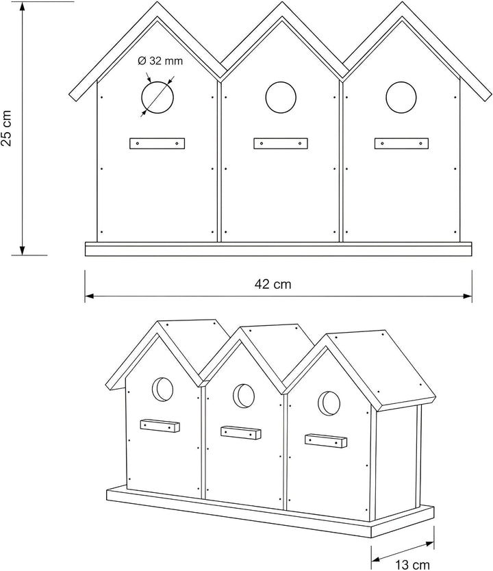 colourliving Nisthaus Birdy 3er Vogelhaus Holz Nistkasten | Holz 42 x 25 x 13 cm 32 mm Einflugloch f