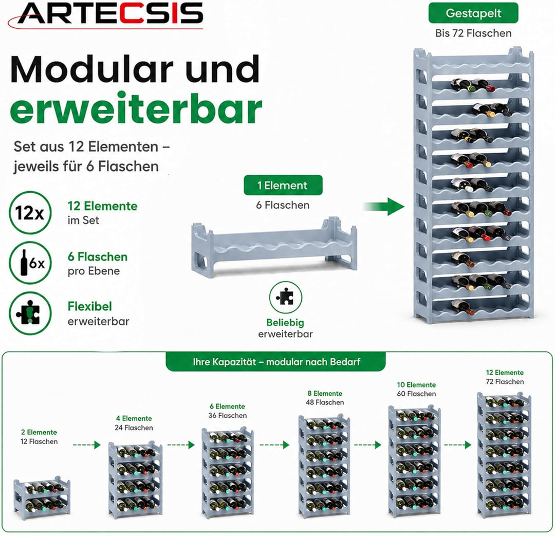 ARTECSIS® Weinregal stapelbar & modular erweiterbar Kunststoff für 48 Weinflaschen (betongrau) - Sta