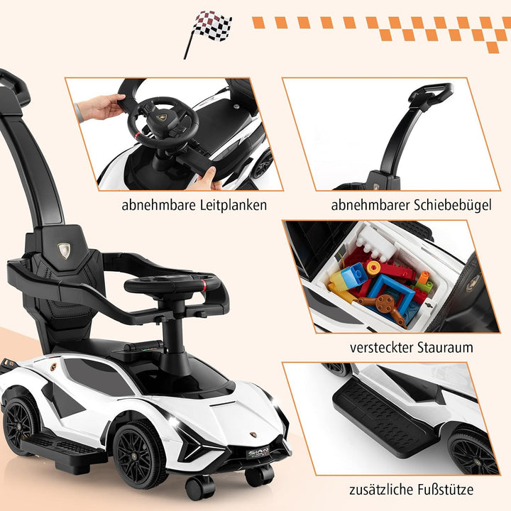 DREAMADE 3-in-1 Rutschauto Lamborghini, Rutschfahrzeug mit Schiebestange, Musik, Lichter &amp; Sicherhei