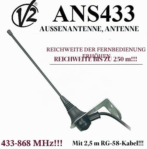 V2 ANS433 Aussenantenne für Jede Torautomatisierung, 433 bis 868 MHz, 50 Ohm, Reichweite bis 250 m