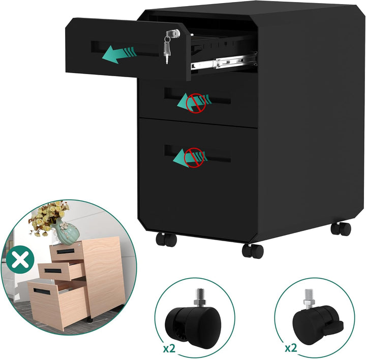 YITAHOME Metall Rollcontainer mit 3 Schubladen, Abschliessbar Aktenschrank für Legal, Letter, Mobile