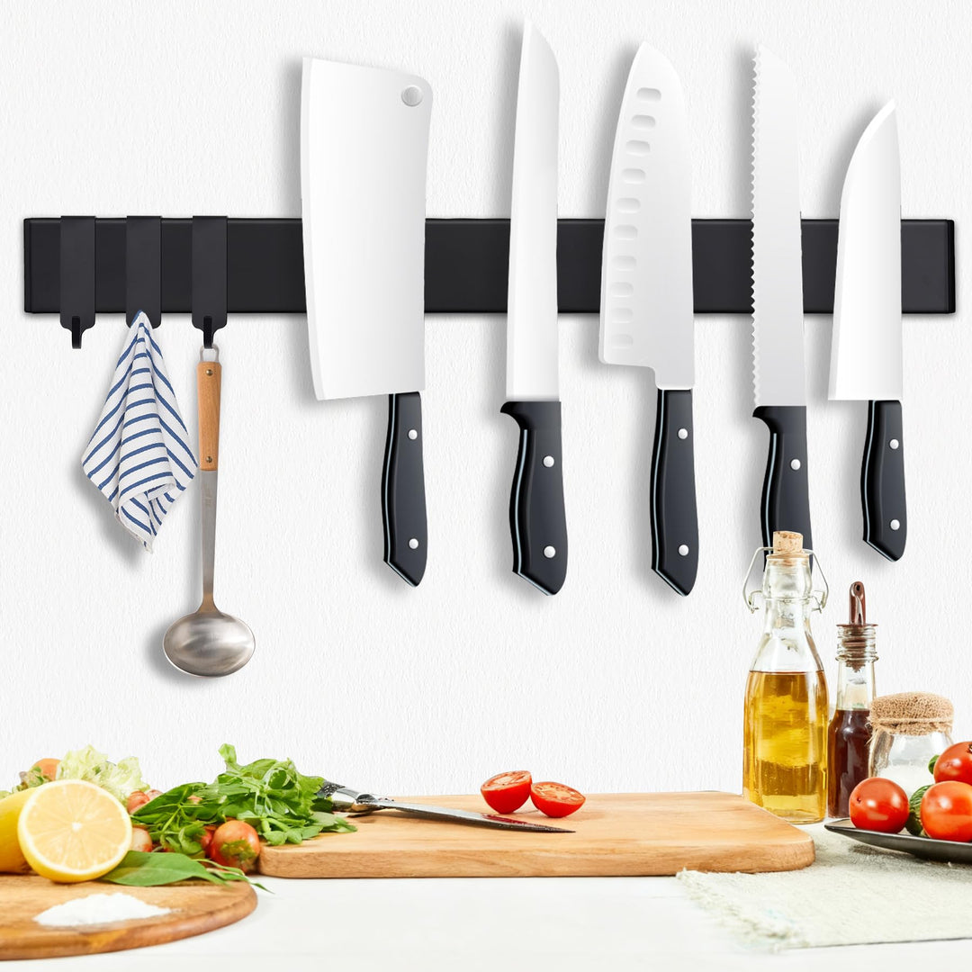 Magnetleiste Messer 40 cm, Messerhalter magnetisch schwarzmit 3 Haken,Magnet Messerhalter aus Edelst